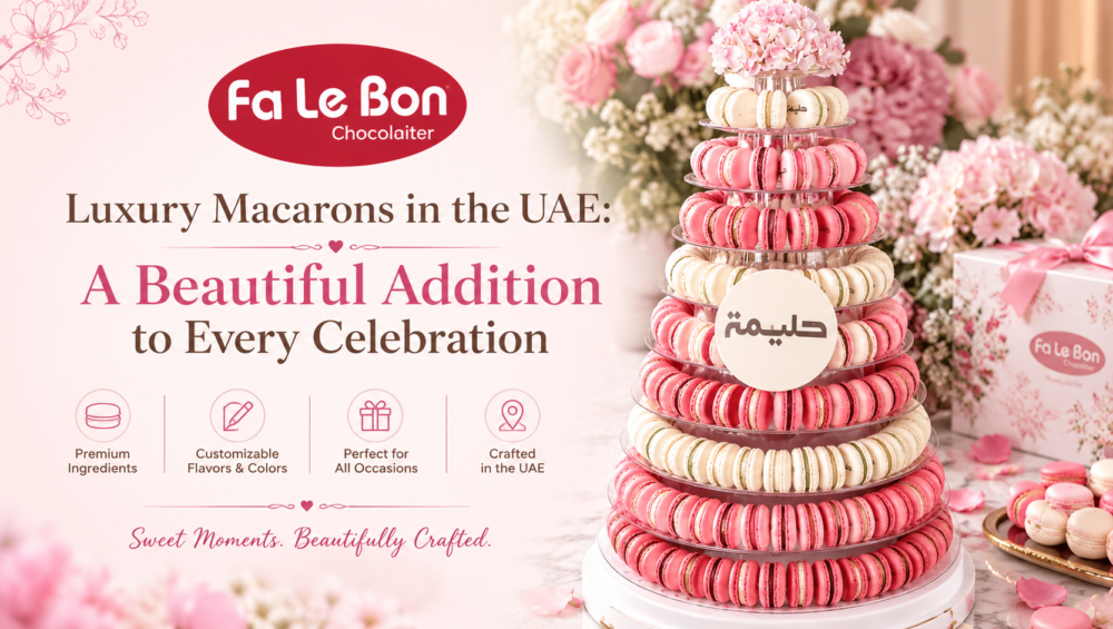 Luxury customized macarons and macaron tower by Fa Le Bon Chocolaiter in the UAE
