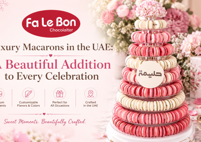 Luxury customized macarons and macaron tower by Fa Le Bon Chocolaiter in the UAE