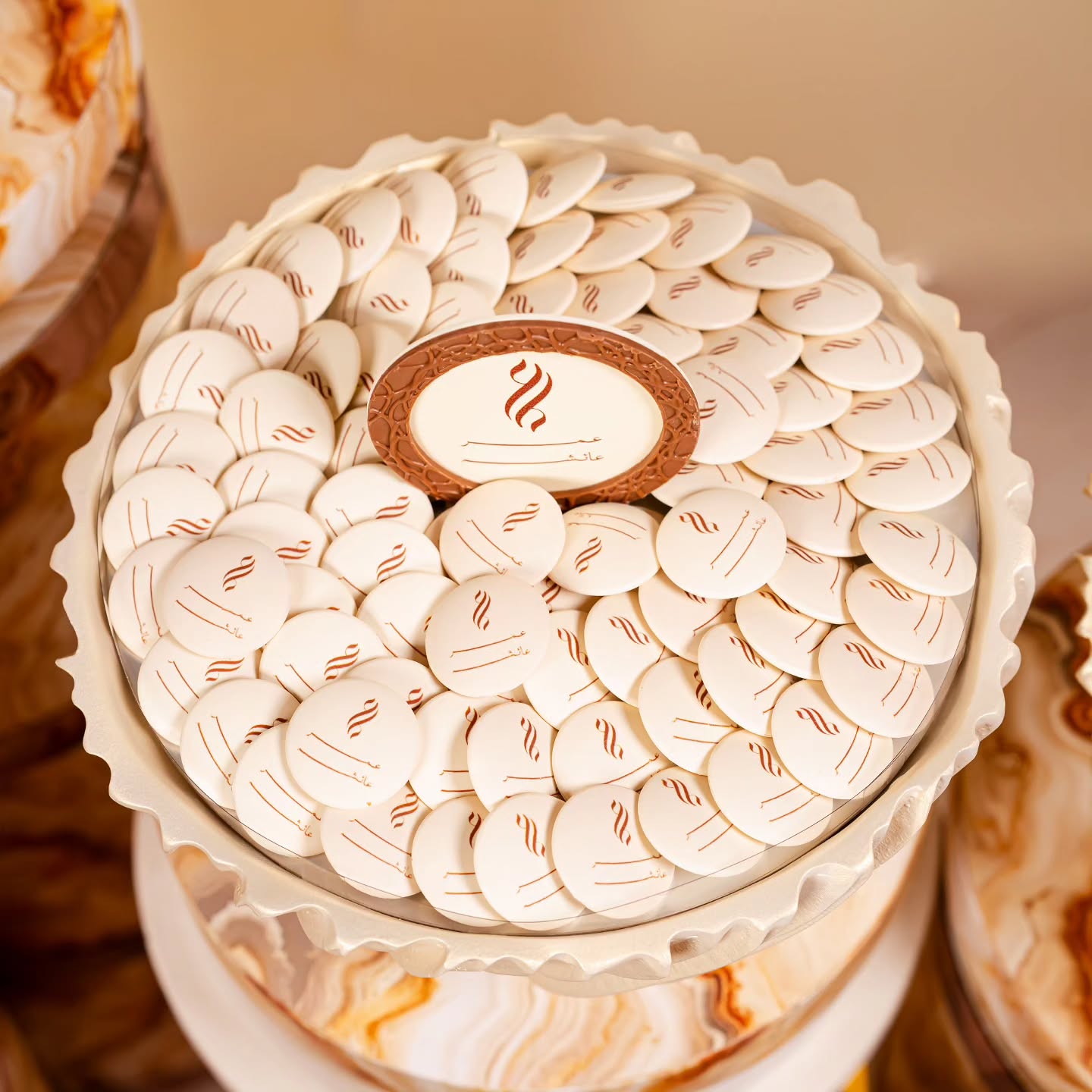 luxurious single-tray wedding display by Fa Le Bon Chocolatier, artfully arranged with handcrafted chocolates, chocolate-covered fresh fruit, cookies, and colorful macarons for elegant celebrations and luxury gifting