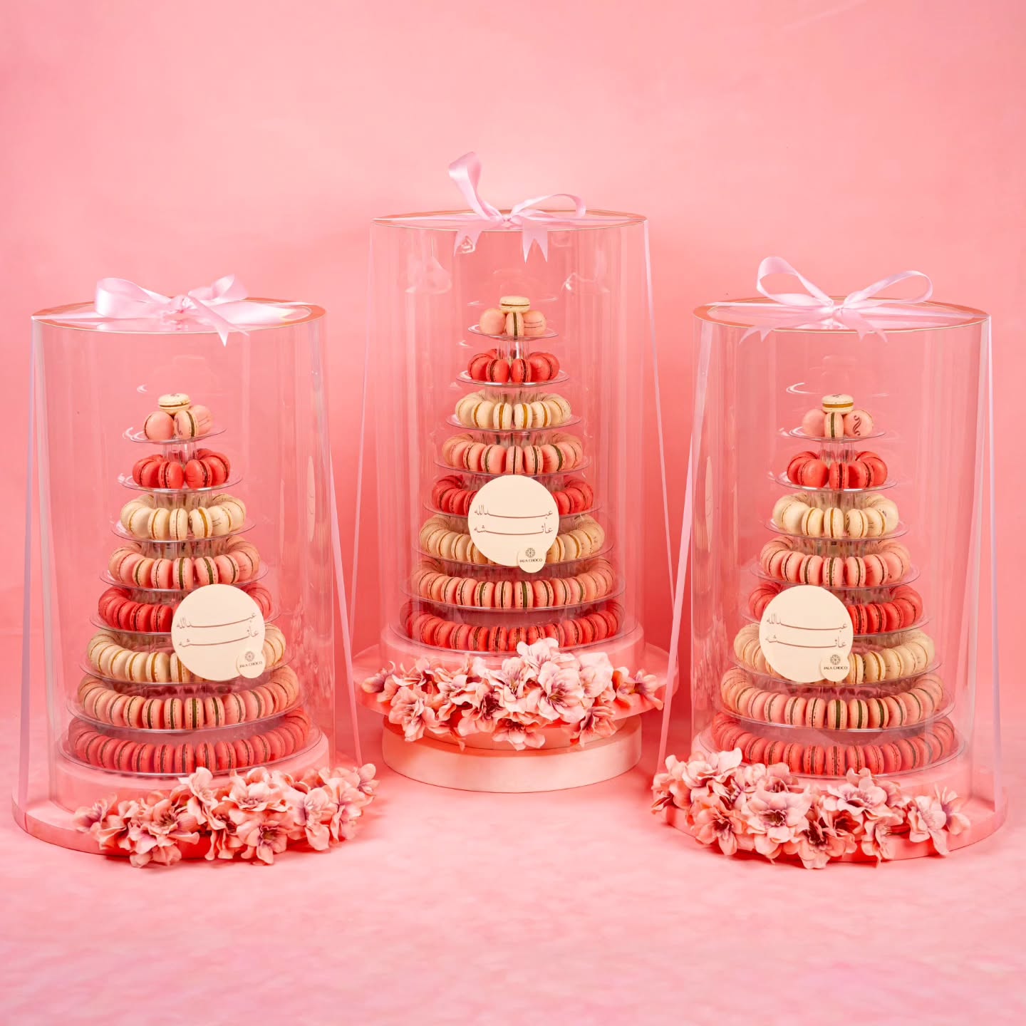 Luxury Macaron Tower with Pink Ribbon and Flowers - Image 4