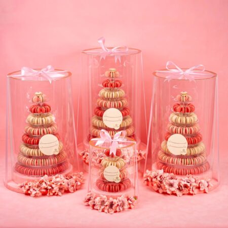 Luxury macaron tower UAE with pink, coral and cream macarons in clear acrylic domes with pink ribbons and flowers